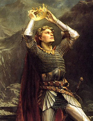 Représentation du roi Arthur portant une couronne à sa tête