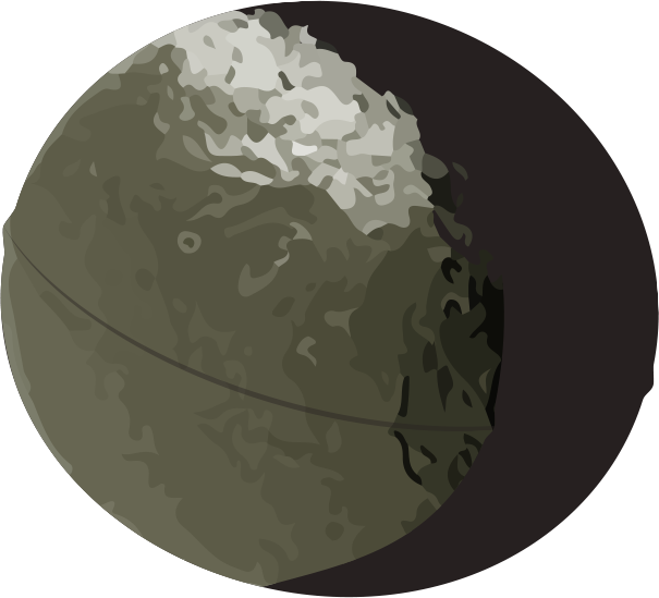 Illustration de la lune Iapetus pendant son dernier quartier. Dans les tons verts rocheux avec une zone blanche au nord, elle est traversée par une arrête montagneuse qui lui donne une forme de coque de noix.