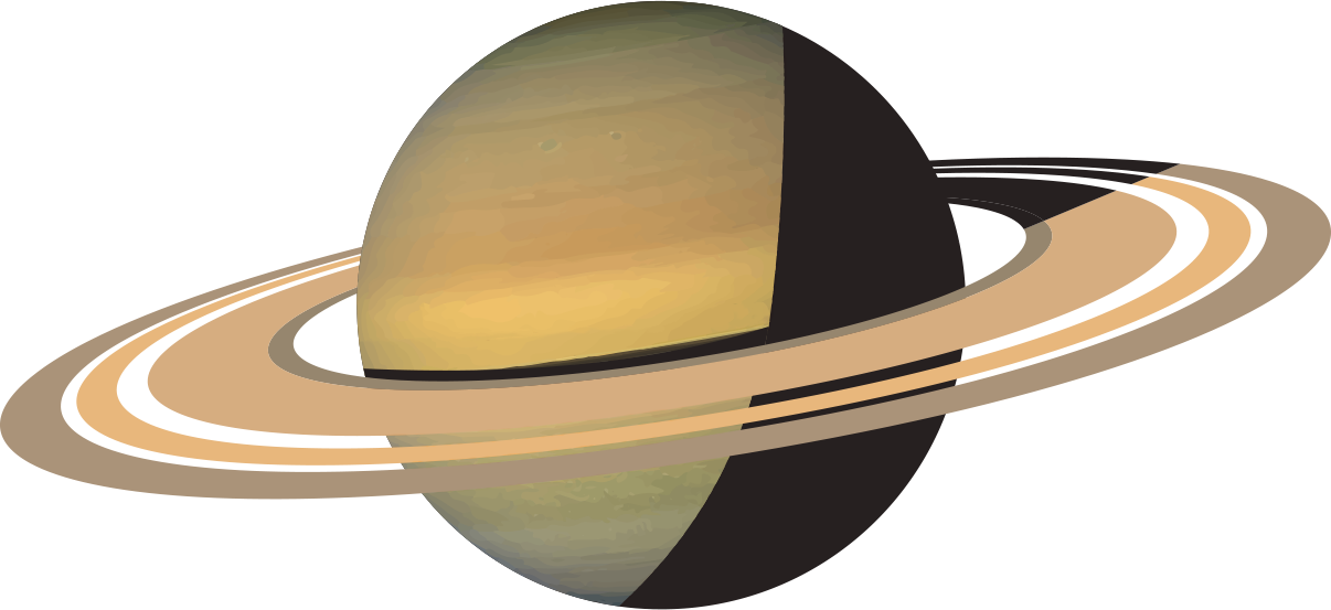 Illustration de Saturne dans son dernier quartier. Ses anneaux impostants forment une ombre sur la planète