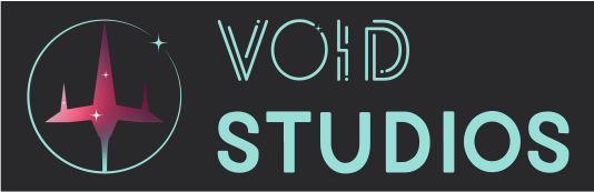 Logo Void Studios. Image d'un vaisseau spatial de combat entouré d'un cercle sublimé d'une étoile légèrement décalée sur la droite
